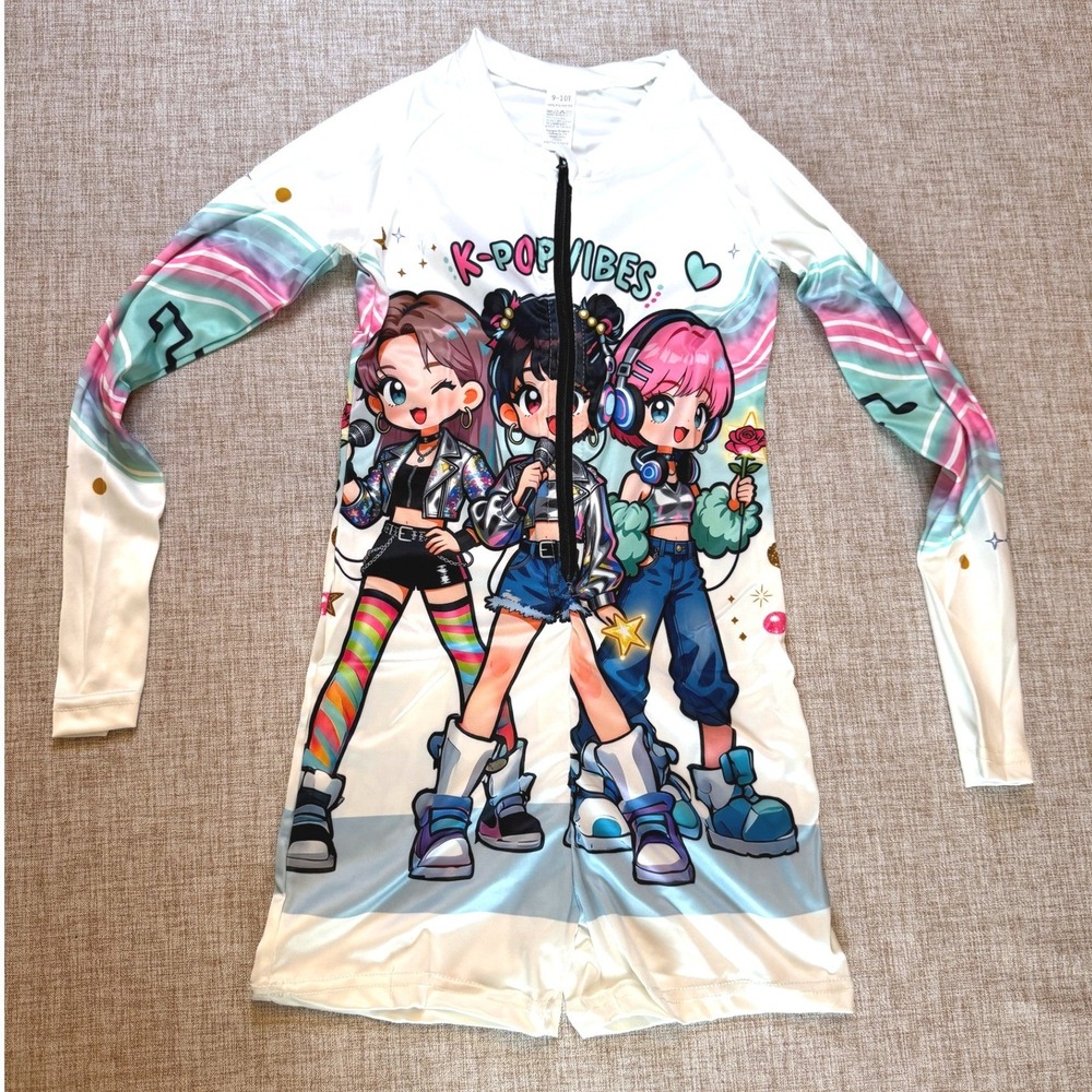K-Pop Vibes Anime Girl Group Graphic Swimsuit Kids 9-10Y Long Sleeve Zip Front